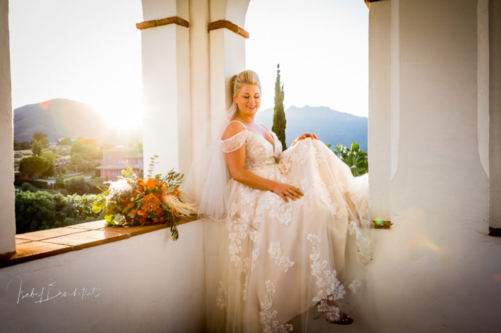 Bride photos in the tower at sunset at Hacienda San Jose Mijas