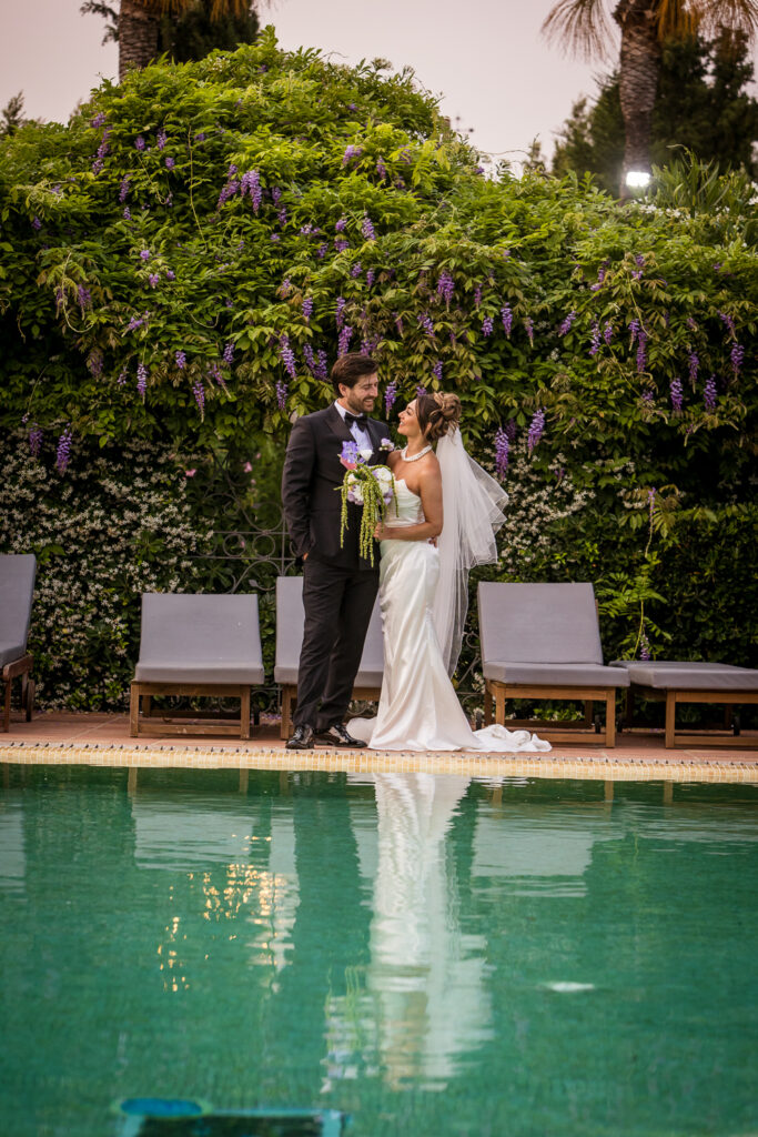 Wedding photos by the pool at Finca Monasterio